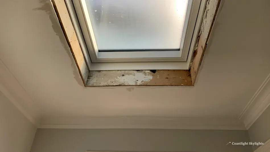 Roof window seen from below in a sloping ceiling, with staining around the glass