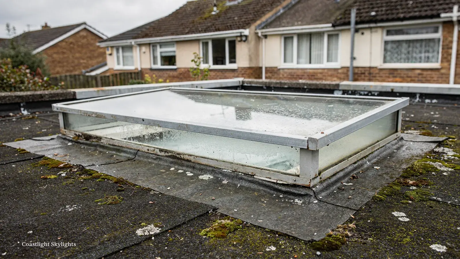 Weathered glass rooflight on a flat roof with moss around the kerb