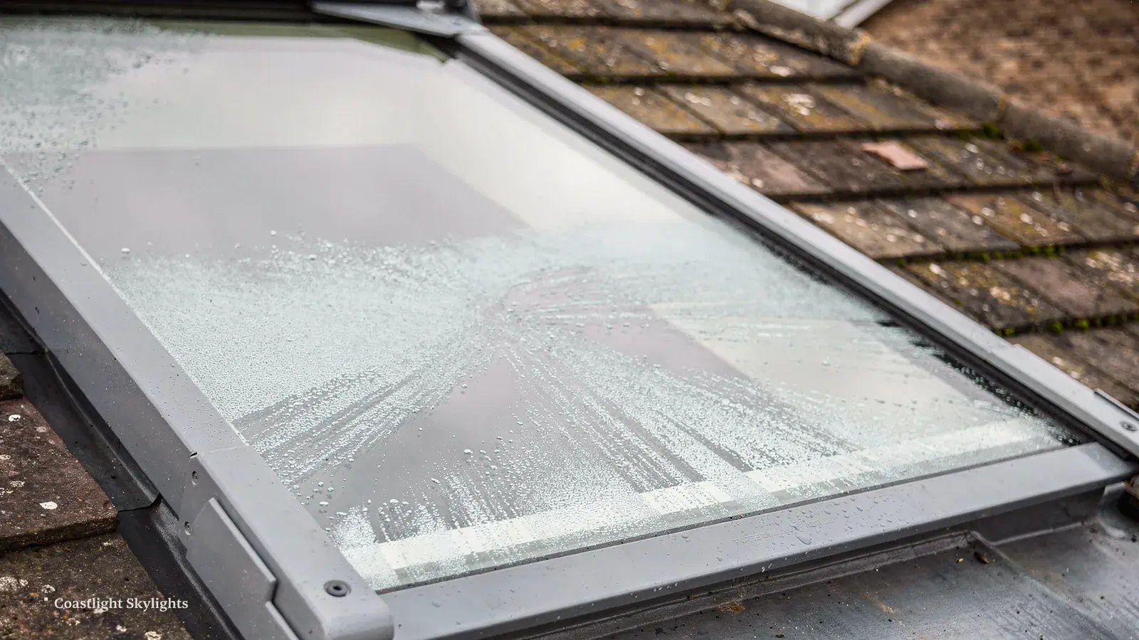 Close view of a roof window pane clouded with condensation on a tiled roof