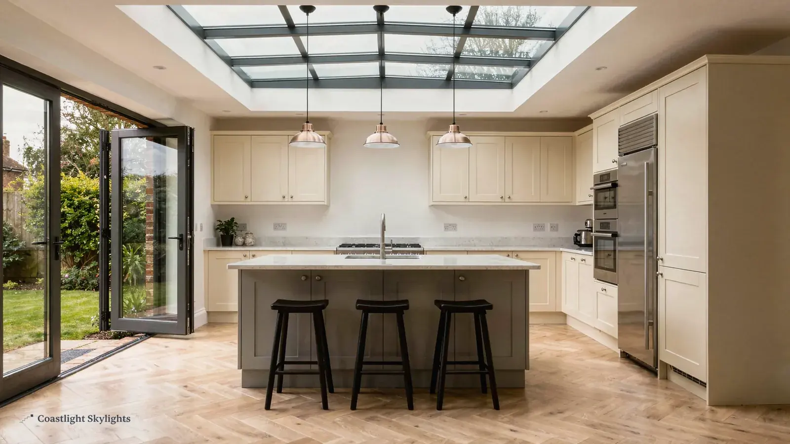 Kitchen with an island and stools beneath a glazed roof lantern