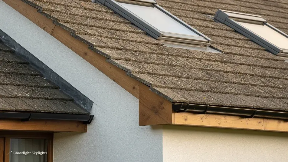 Roof windows set into an old tiled roof beside a gable end