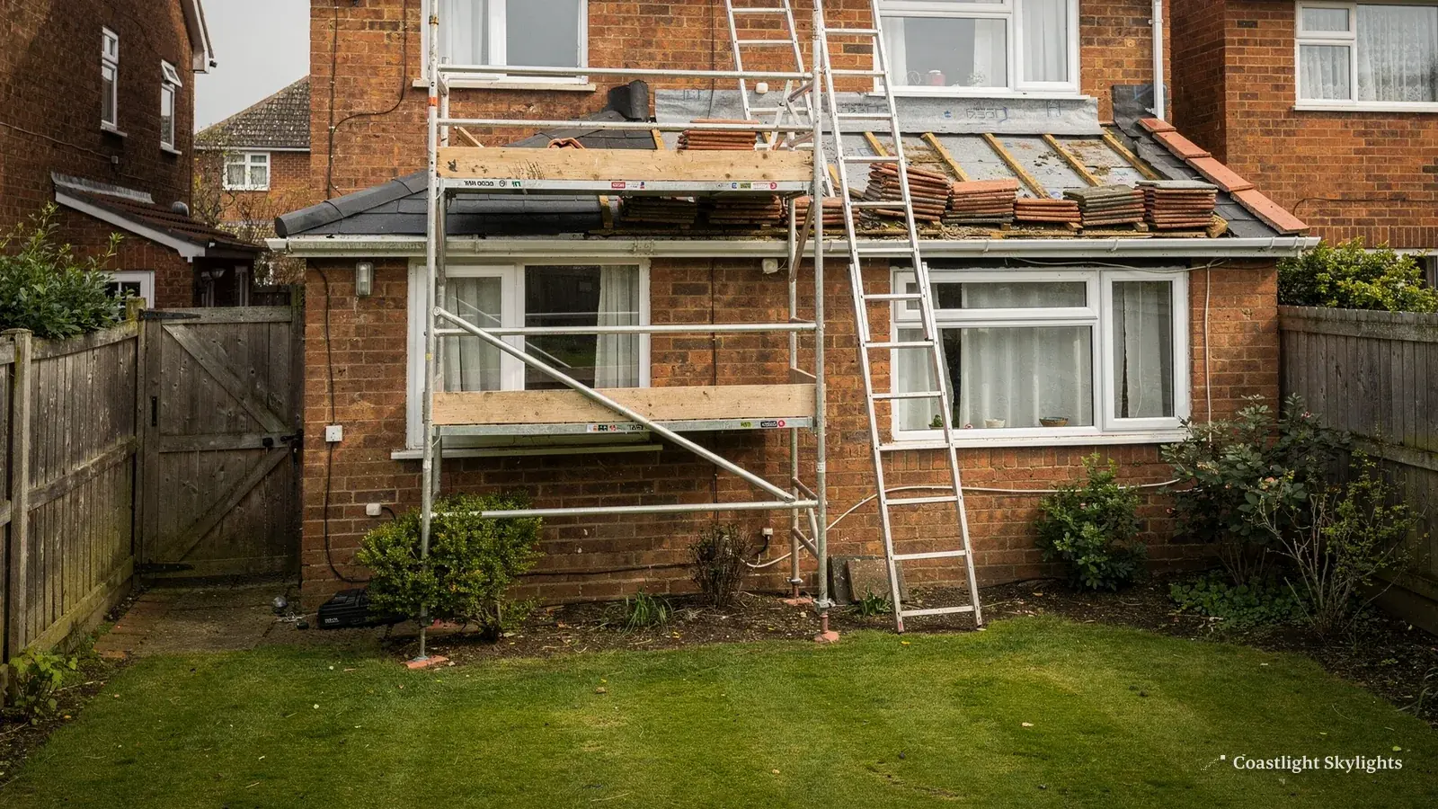 Scaffold and ladders against the back of a brick house with a pitched roof