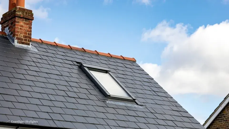 Roof window set into a grey slate roof under a blue sky