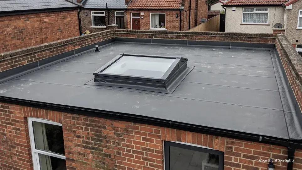 Fixed glass rooflight on a grey flat roof between brick walls