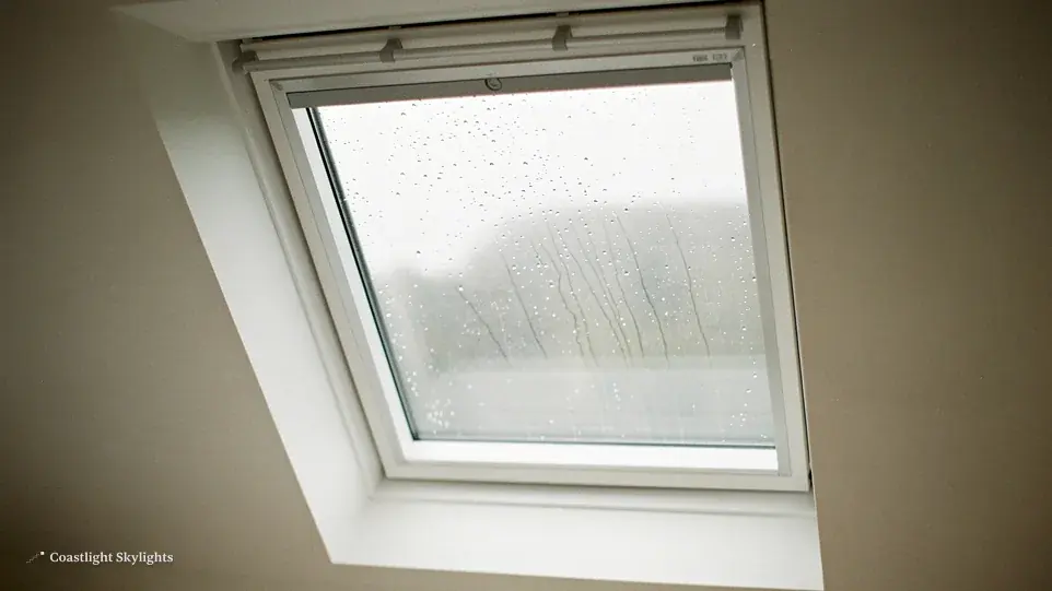 Roof window with misted glass seen from inside a room under the roof
