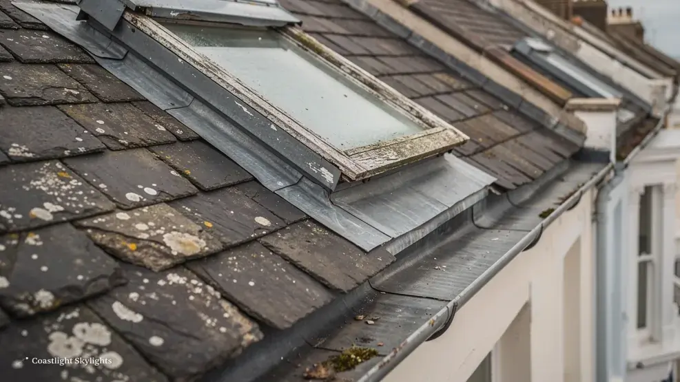 Roof window set into an old slate roof above a gutter and a cream painted wall