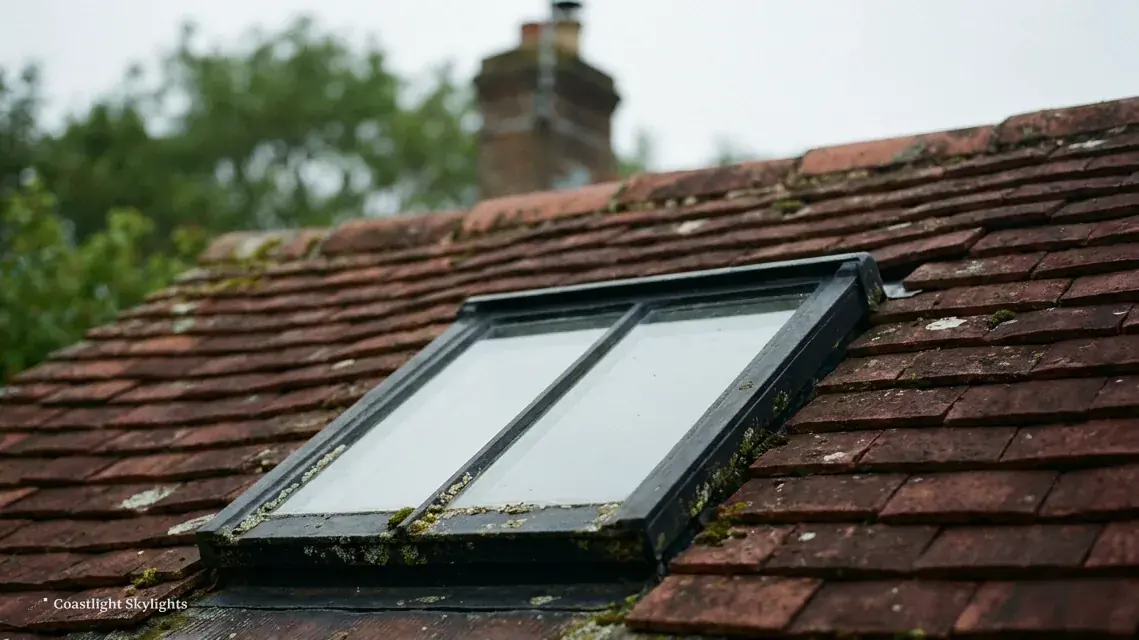 Two-pane roof window set into a red clay tiled roof