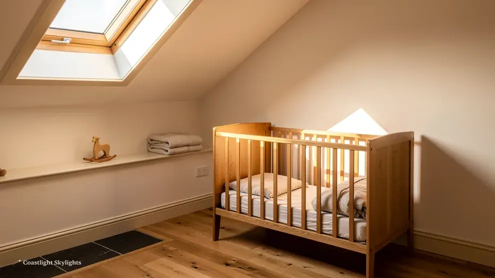Nursery with a wooden cot beneath a roof window in the sloping ceiling