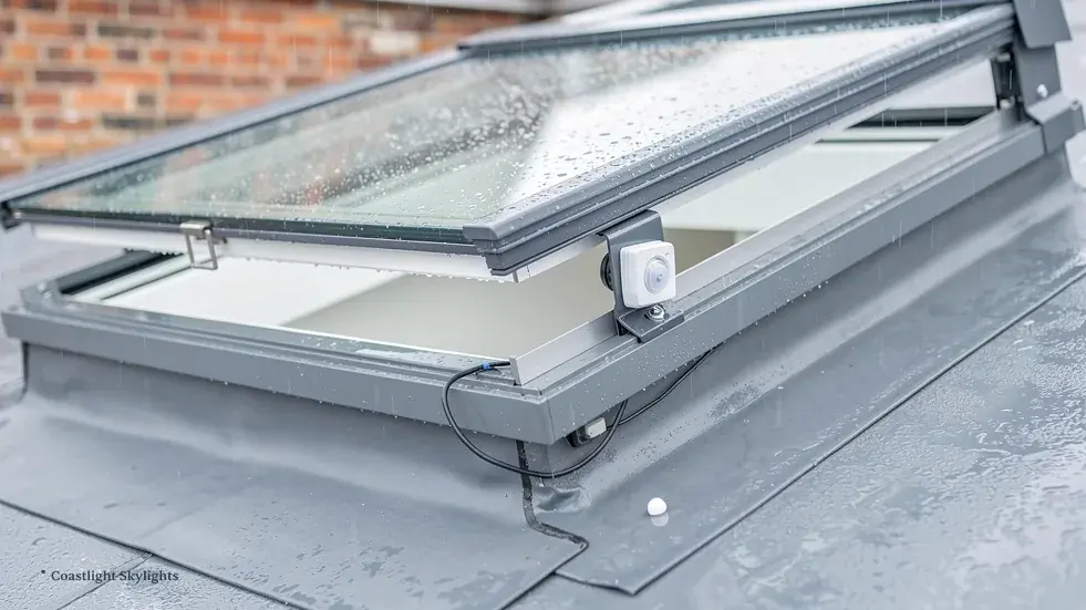 Opening flat rooflight with a small sensor fixed beside it on a grey roof