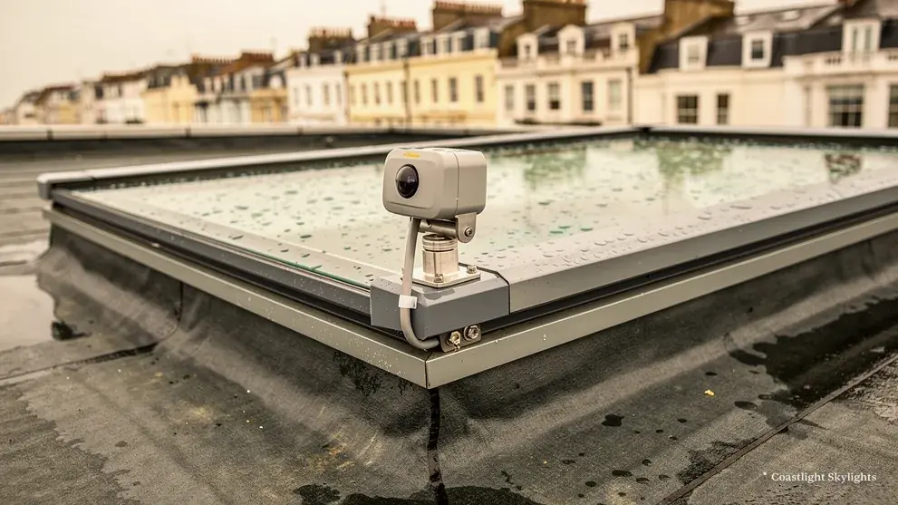 Small rain sensor fixed to the frame of an electric rooflight