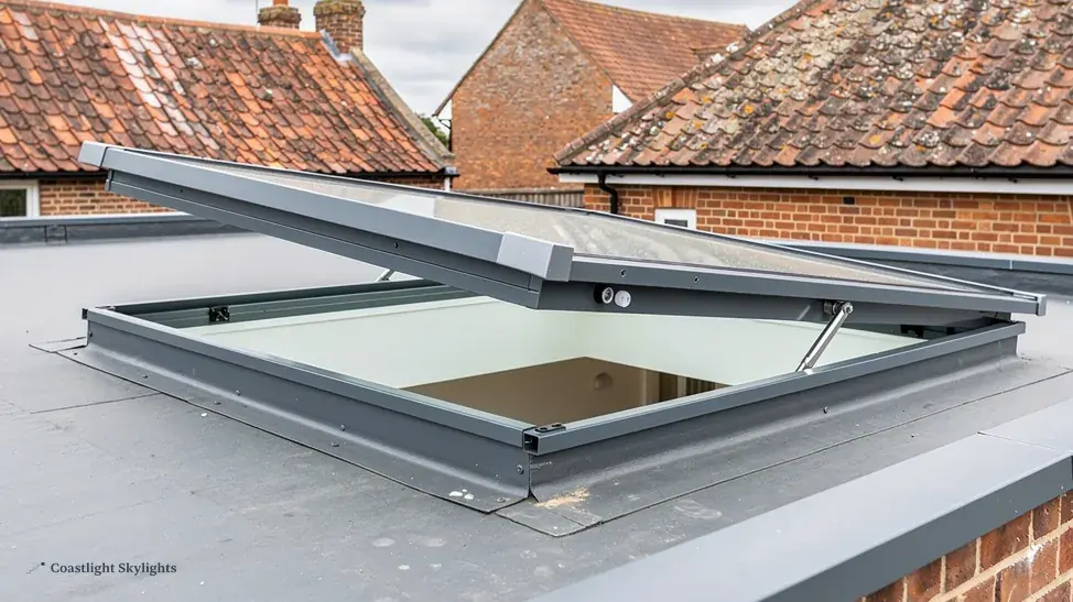 Raised opening rooflight on a flat grey roof with brick roofs beyond