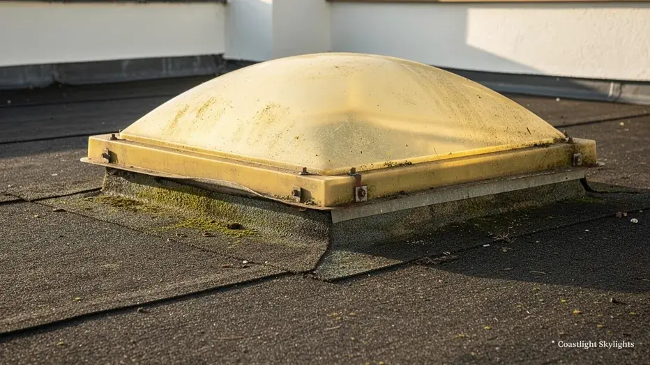 Yellowed plastic dome rooflight on a flat roof surrounded by worn felt
