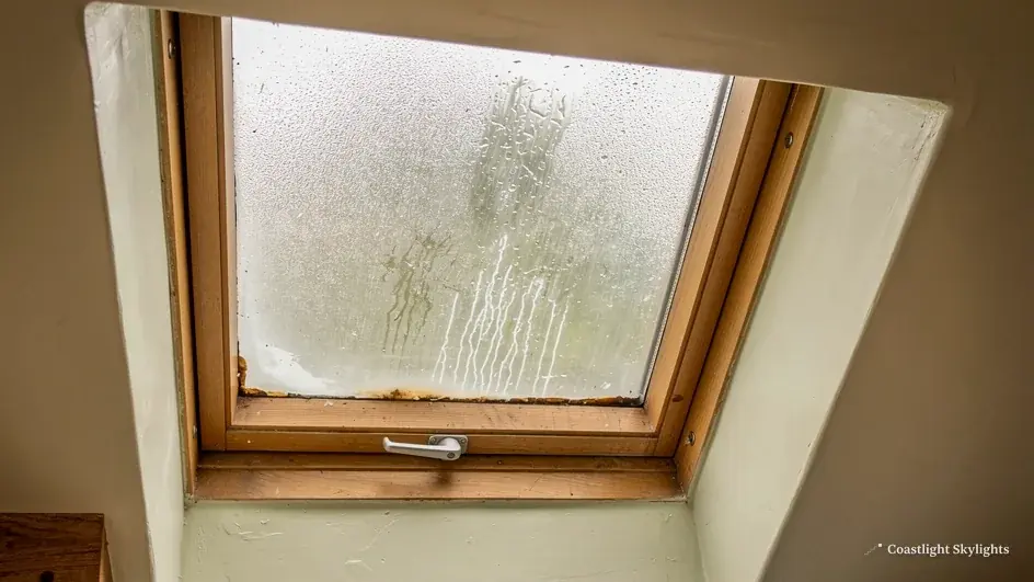 Timber roof window seen from inside with misting across the glass