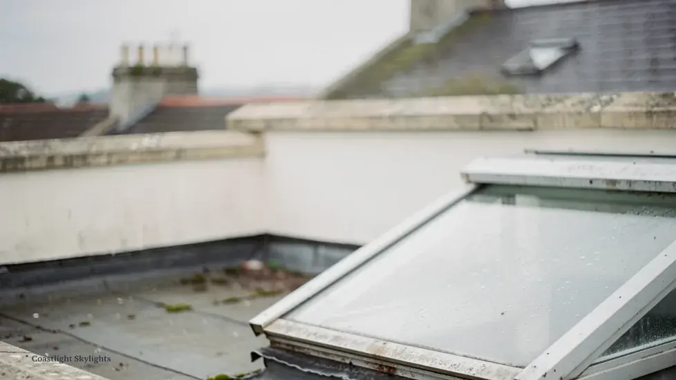 Corner of a glass rooflight on a flat roof beside a parapet wall