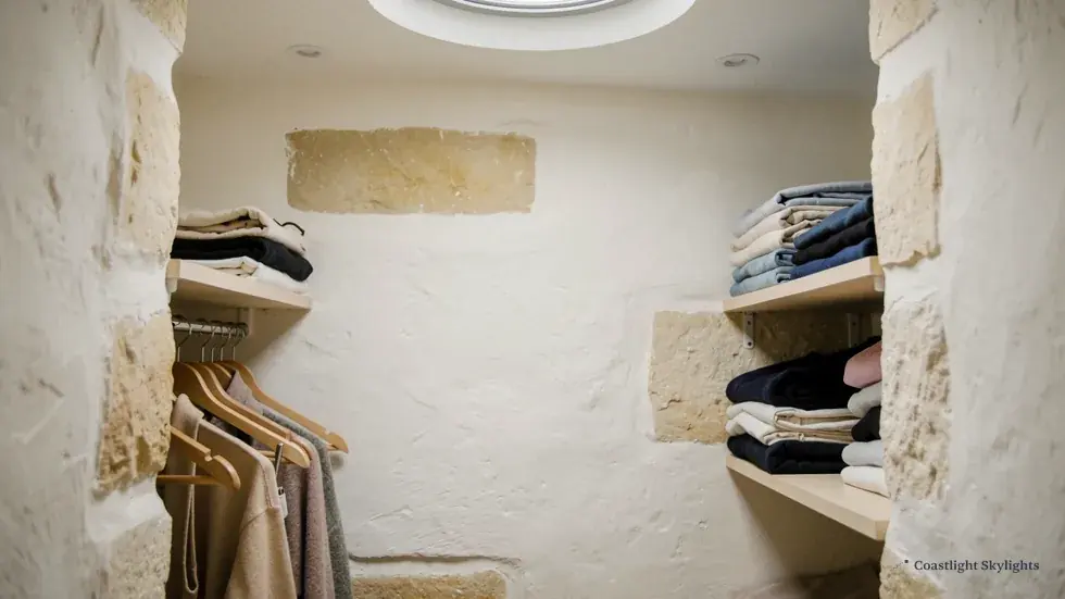Small walk-in wardrobe with shelves and clothes beneath a round ceiling diffuser