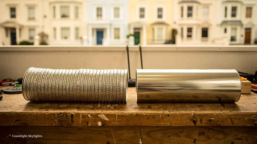 Rigid mirror-finish sun tunnel tube beside a flexible ribbed foil tube