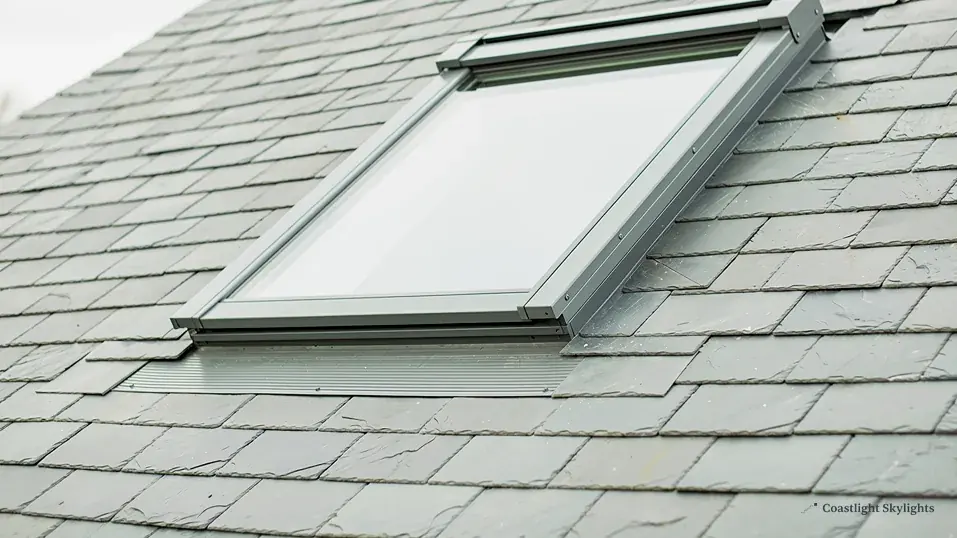 Large roof window set into a grey slate roof