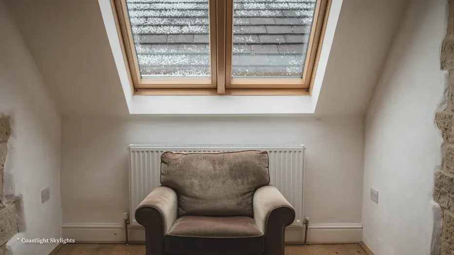 Loft room with an armchair, a radiator and two roof windows in the slope