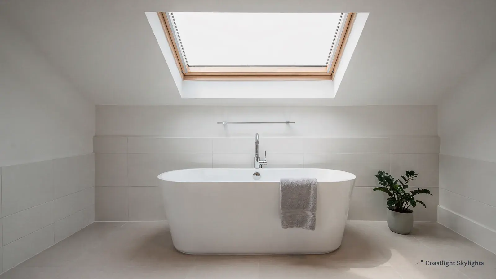 White bathroom with a freestanding bath beneath a roof window in a sloping ceiling
