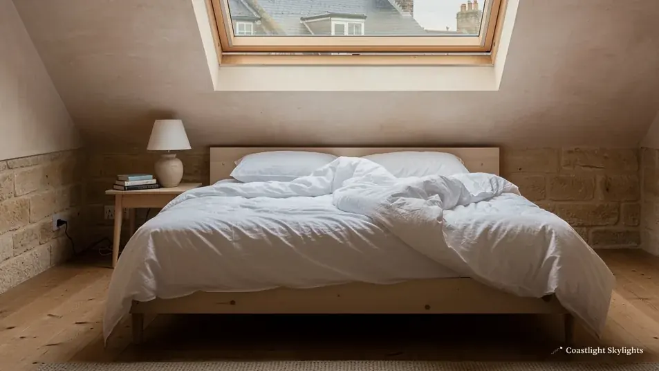 Loft bedroom with an unmade bed and a roof window in the sloping ceiling