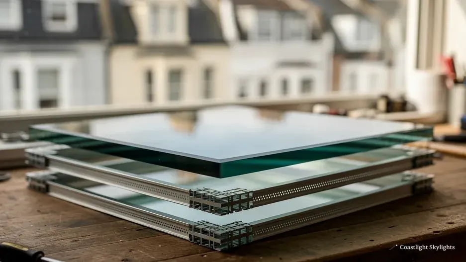 Cutaway sample of a triple glazed rooflight unit showing three panes
