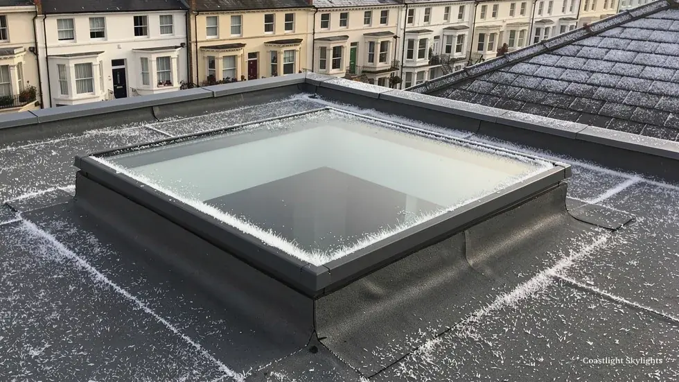 Double glazed rooflight on an insulated upstand on a frosty flat roof