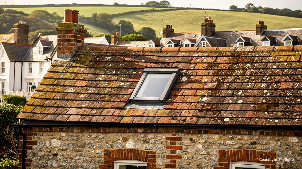 Flint cottage roof with a slim conservation rooflight, downland hills behind