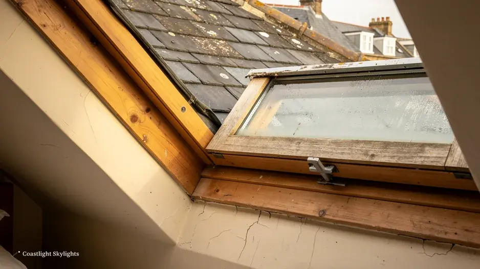 Roof window with a timber frame set into a slate roof, close view