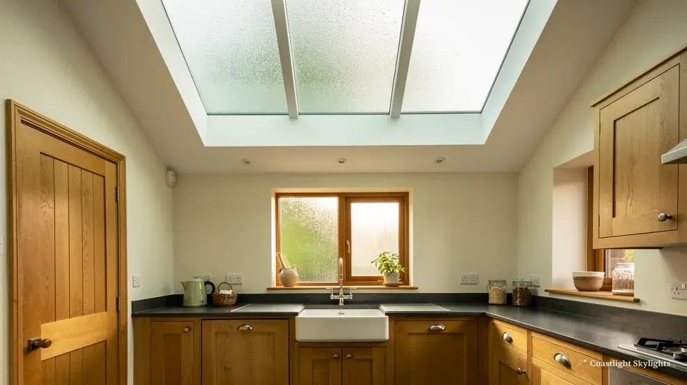 Kitchen with a ceramic sink under a window, with a rooflight in the ceiling above