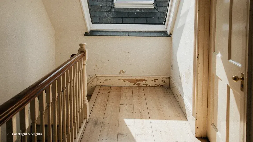 Landing with a timber balustrade, bare floorboards and a roof window above