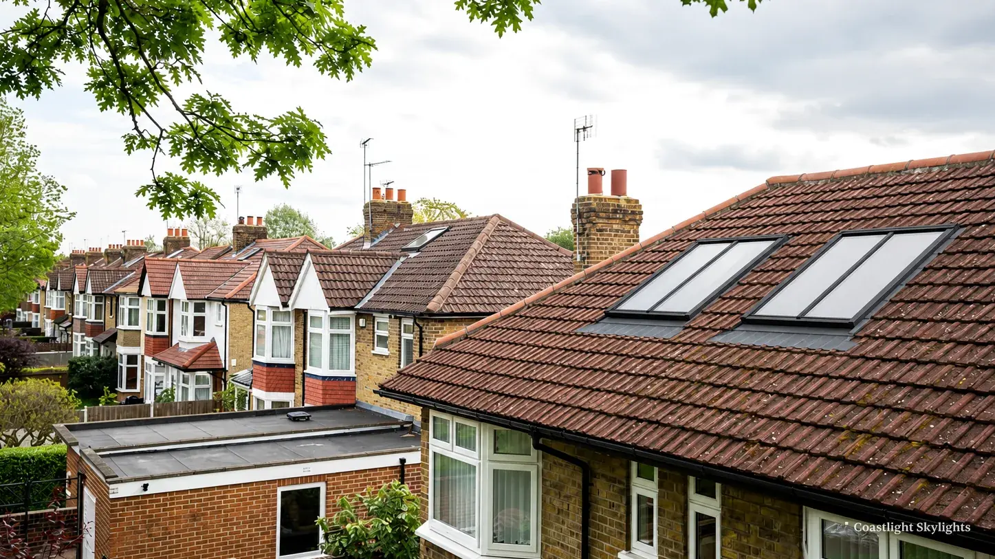 Two roof windows in a tiled roof above a street of terraced houses