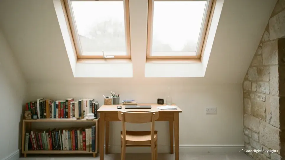 Study with a desk and bookshelves beneath two roof windows