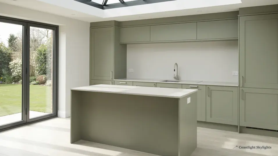 Kitchen with sage green units, an island and glazed doors to the garden