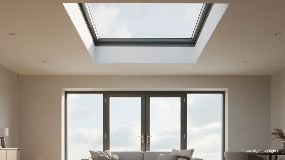 Open plan room with folding doors and a rooflight in the ceiling above