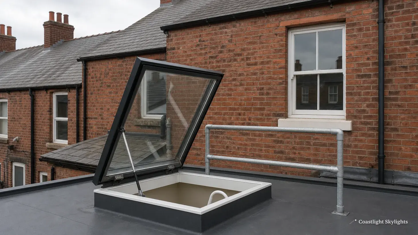 Glazed access hatch raised open on a flat roof beside a brick wall