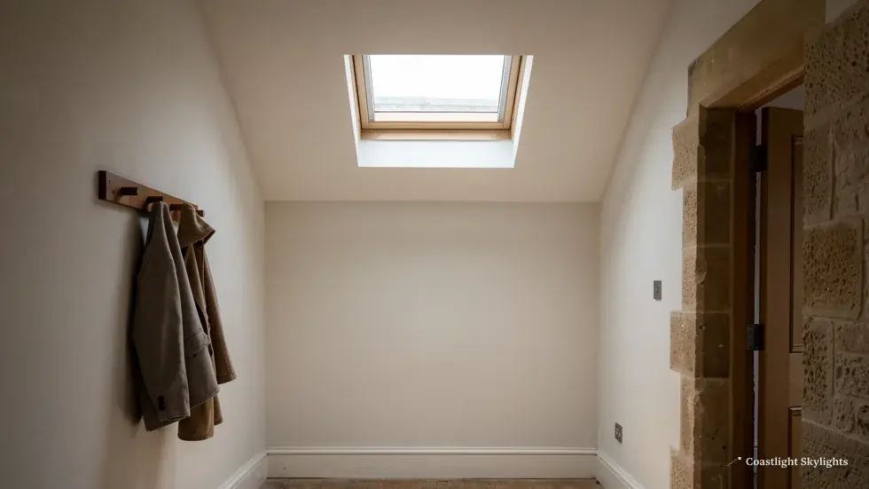 Small landing with coat hooks and a roof window in the sloping ceiling
