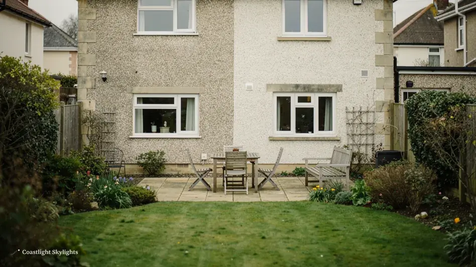 Rear of a rendered house with a paved garden seating area