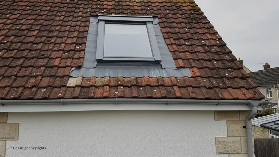 Roof window set into a red tiled roof with a rendered wall below