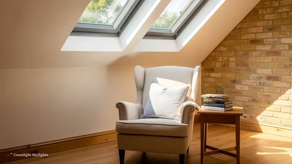 Loft sitting room with an armchair and roof windows in the sloping ceiling
