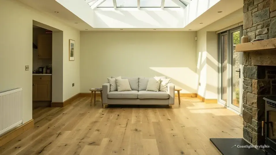 Living room with oak flooring, a sofa, a stone fireplace and glazed doors