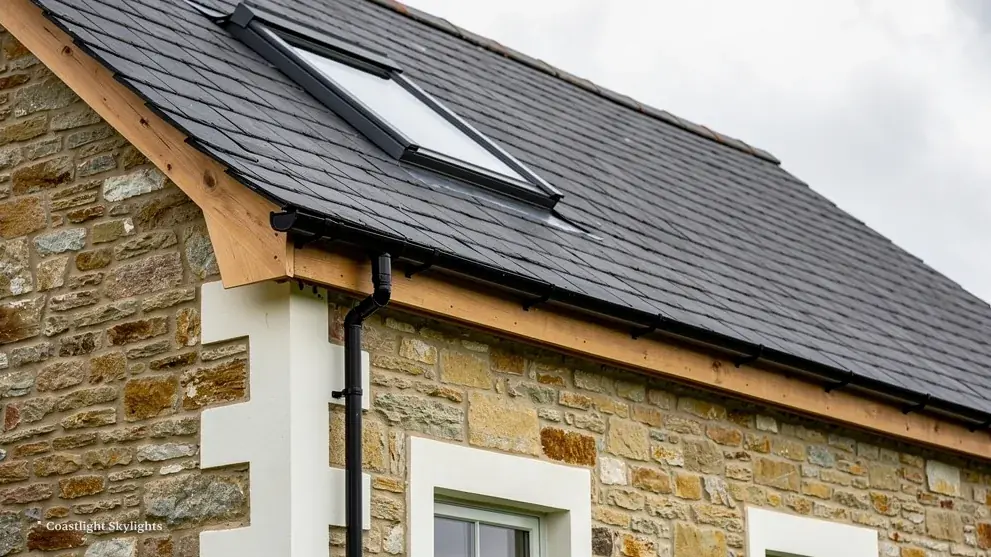 Stone house with a roof window set into its dark slate roof