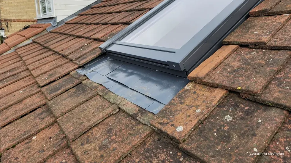 Roof window with flashing set into a red clay tiled roof