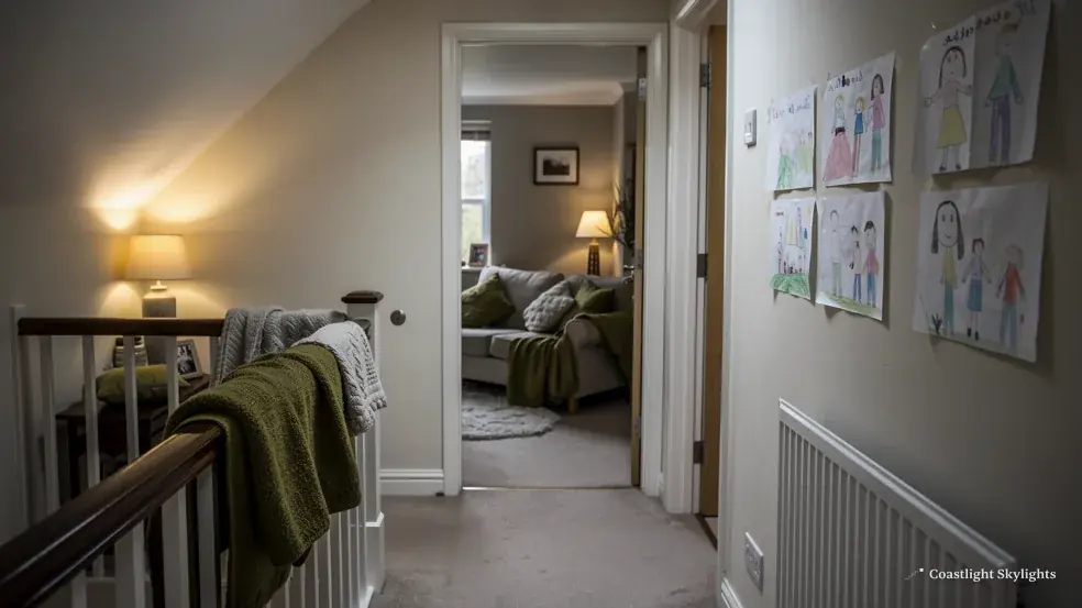 Landing with a banister and a view through to a bedroom