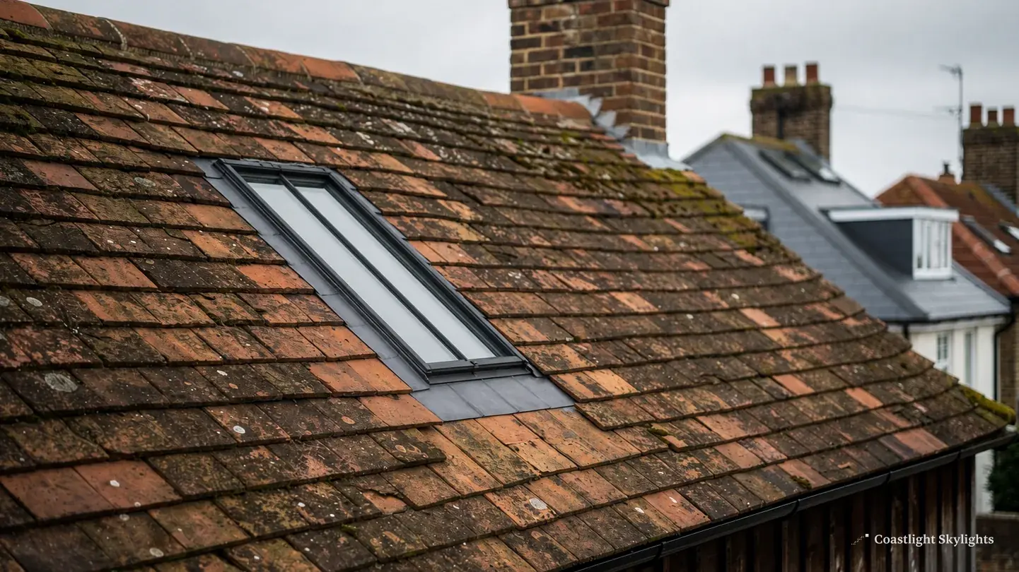 Roof window set into an old clay tile roof beside a brick chimney
