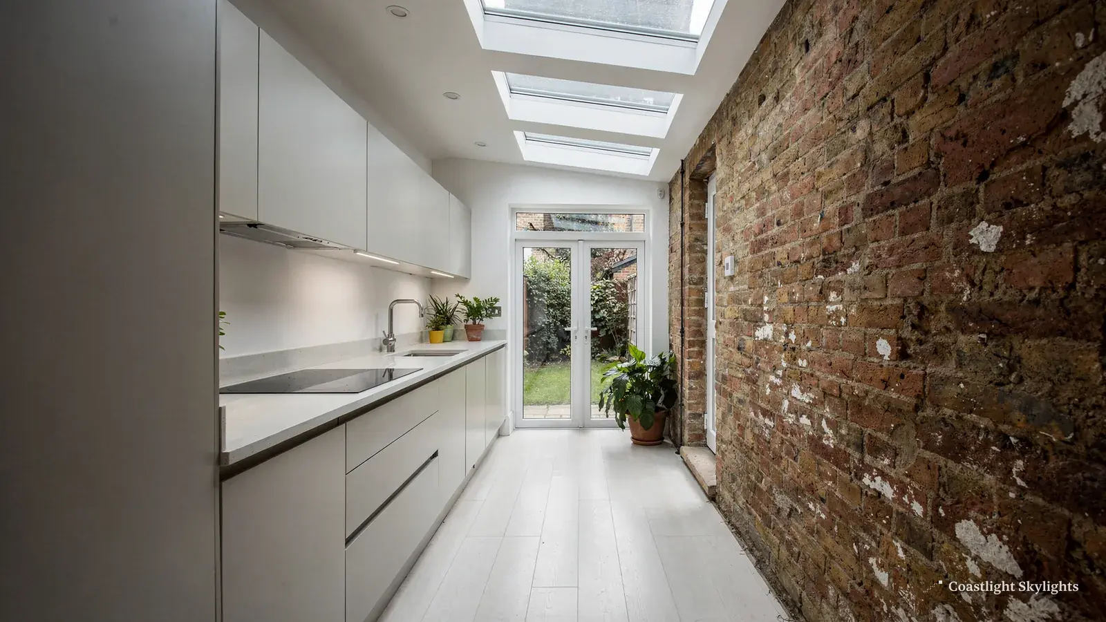 Narrow kitchen with a long glazed rooflight above and glazed doors at the far end