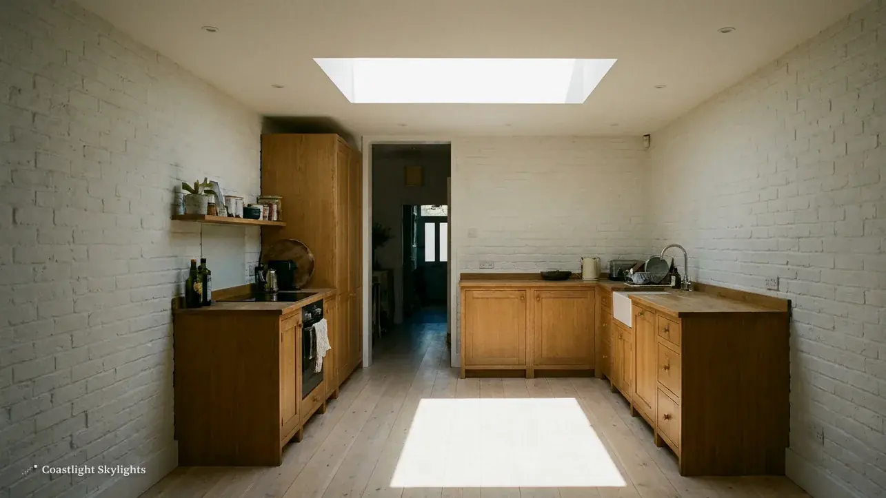 Kitchen with wooden units and a rooflight in the ceiling above the floor