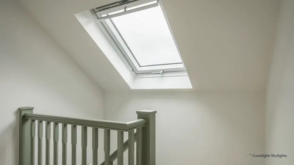 Landing with a grey balustrade and a roof window in the sloping ceiling above