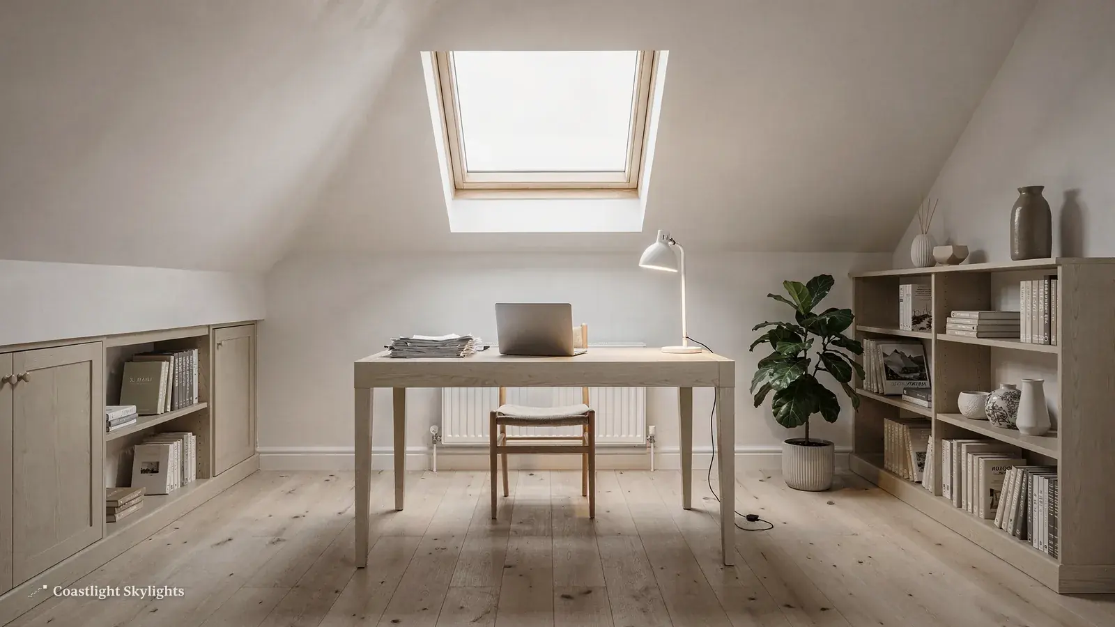 Loft study with a desk below a roof window in the sloping ceiling