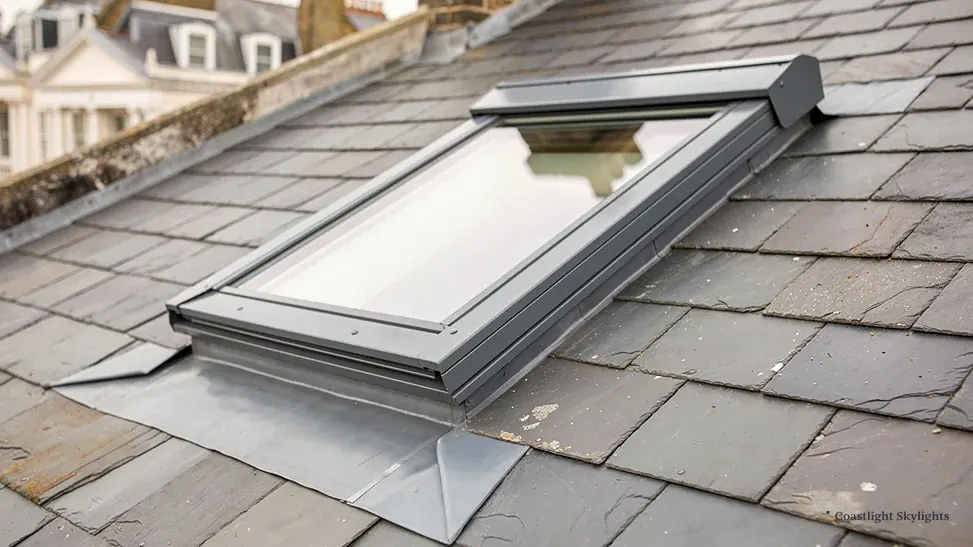 Grey flashing kit around a roof window, tucked under the surrounding slates