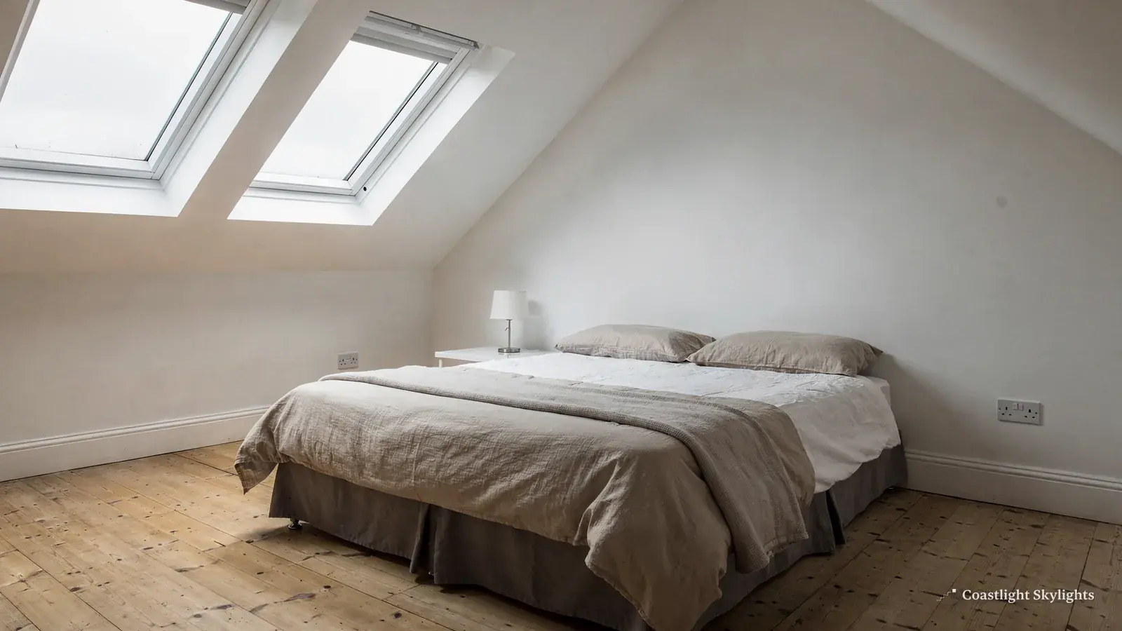Two roof windows in a sloping ceiling above a double bed in a loft room